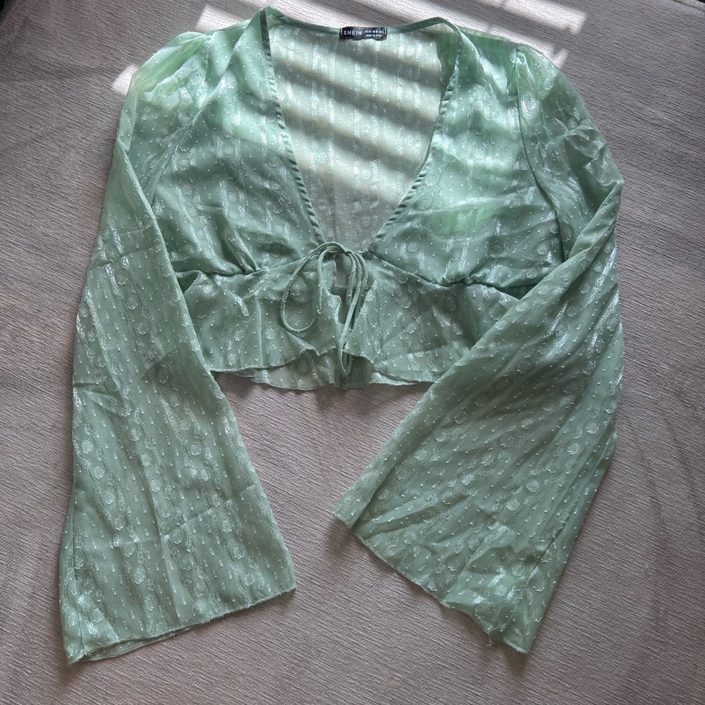 Green Mesh Tie Front Long Sleeve